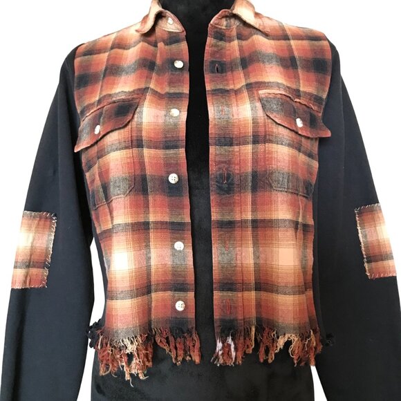 Cropped Plaid Shirt, Size Small: Black Brown Sweatshirt Jacket, Upcycled Grunge - Picture 6 of 10